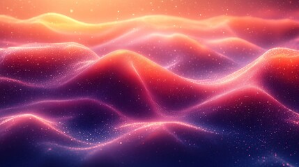 Abstract background with glowing waves and particles in vibrant pink, orange, and purple hues.