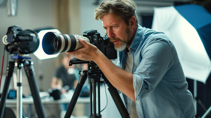 Photographer in a studio setting adjusting a camera on a tripod