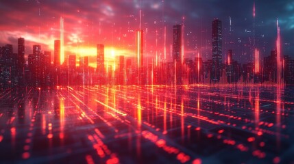 Fototapeta premium Futuristic cityscape with glowing lines and red sunset.