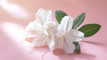 A delicate white azalea flower isolated on a soft pink background.