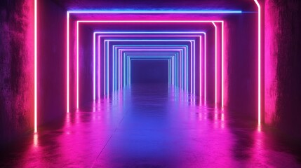 A vibrant neon-lit corridor with pink and blue lights creating a futuristic atmosphere.