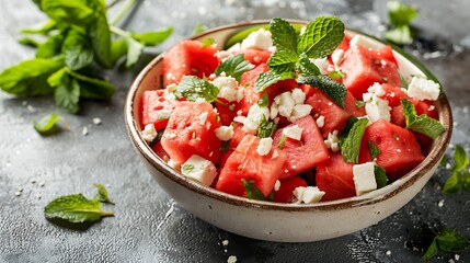 A fresh watermelon and feta salad with mint on grey background