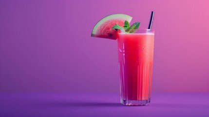 A glass of fresh watermelon juice on purple background
