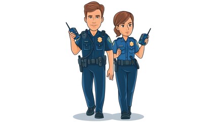 Police officers on patrol
" cartoon of a male and female police officer walking together on patrol. Both are holding radios and looking around cautiously. Their uniforms are detailed, and the characte