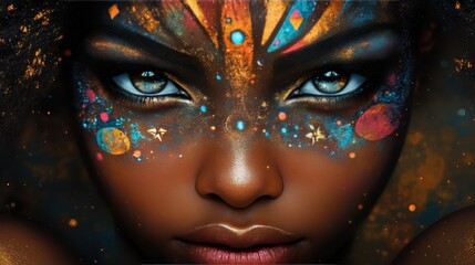 a beautiful Afro woman featuring a face painted with cosmic motifs, adorned with elaborate and intricate embellishments. artwork embodies a contemporary style, highlighted by a dramatic backlighting
