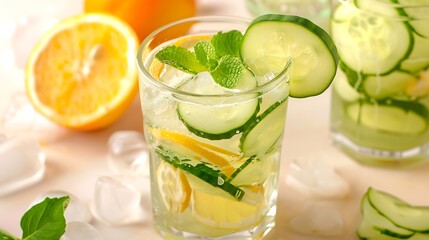 A glass of refreshing cucumber lemonade on peach background