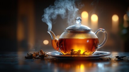 A steaming teapot filled with tea, set against a dimly lit background.