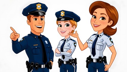 Police officers giving directions
" cartoon illustration of a male and female police officer standing and giving directions to someone off-screen. The male officer is pointing, while the female office