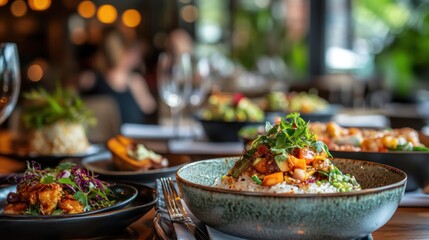 A sustainable Asian restaurant serving farm-to-table meals, featuring locally sourced organic vegetables, plant-based proteins, and eco-friendly packaging