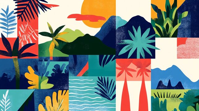 eclectic stamp mosaic, abstract nature scenery, bold color blocking technique, retro travel poster style, varied environmental depictions, clean vector art, nostalgic vacation themes