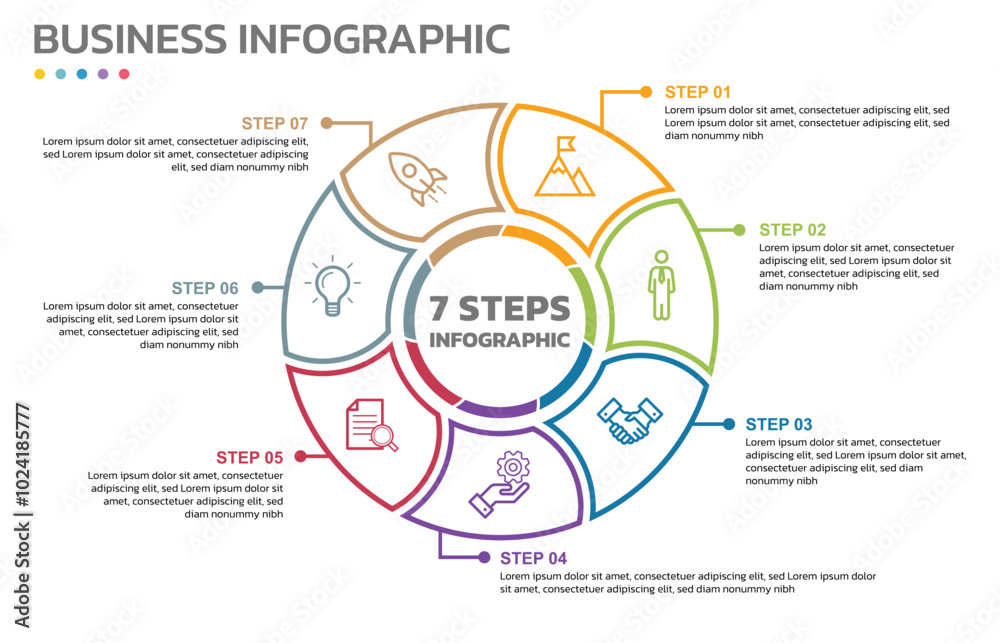 Poster Visual data presentation. Cycle diagram with 7 options. Pie Chart Circle thin line infographic template with 7 steps, options, parts, segments. Business concept. Marketing infographic outline style.