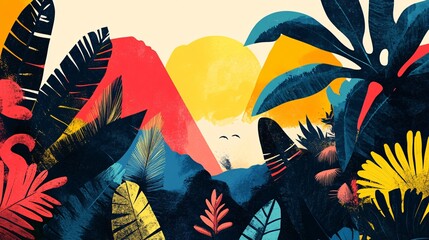 stylized nature vignettes, bold graphic design approach, layered landscape compositions, seasonal vacation themes, modernist poster art style, contrasting text elements, cohesive visual narrative