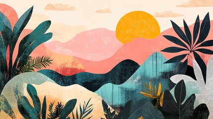 stylized nature vignettes, bold graphic design approach, layered landscape compositions, seasonal vacation themes, modernist poster art style, contrasting text elements, cohesive visual narrative