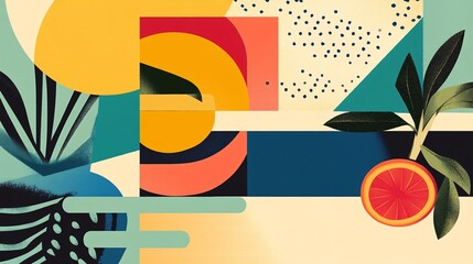 Obraz premium 2410_043.abstract summer environment illustrations, flat color technique, geometric natural forms, vintage travel advertising influence, prominent typographic integration, varied outdoor scenes,
