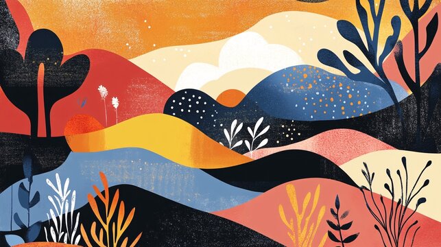 stylized nature vignettes, bold graphic design approach, layered landscape compositions, seasonal vacation themes, modernist poster art style, contrasting text elements, cohesive visual narrative