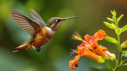 Fototapeta premium A hummingbird sipping nectar from a vibrant flower