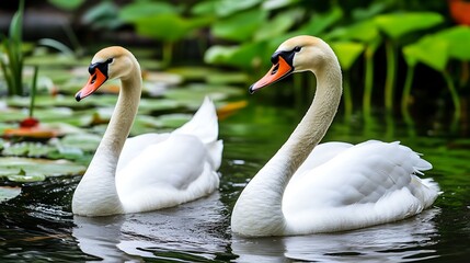 Fototapeta premium Two White Swans Swimming in Pond with Green Background