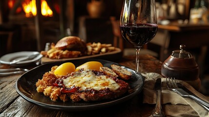 A Plate of Cheesy Steak with Crispy Sides, Served with a Glass of Red Wine