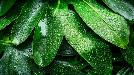 Fototapeta premium 2410_061.lush tropical foliage close-up, vibrant green banana leaves with water droplets, rainforest flora macro photography, glossy leaf textures, natural pattern background, high contrast botanical