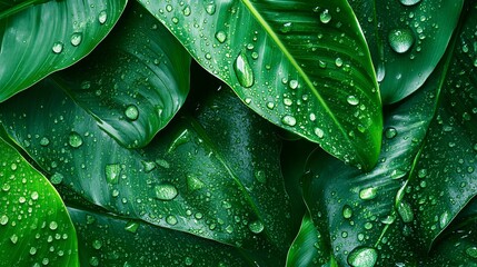 Fototapeta premium 2410_061.lush tropical foliage close-up, vibrant green banana leaves with water droplets, rainforest flora macro photography, glossy leaf textures, natural pattern background, high contrast botanical