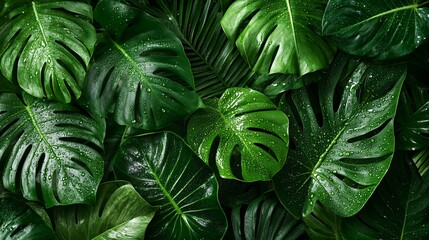 2410_063.fresh monstera leaf cluster, dewdrops on waxy green surfaces, layered tropical plant composition, rich forest floor scene, intricate leaf vein patterns, nature's symmetry showcase