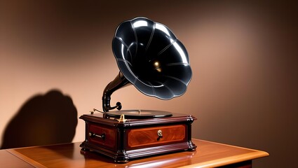 Antique Gramophone Displayed on a Wooden Table