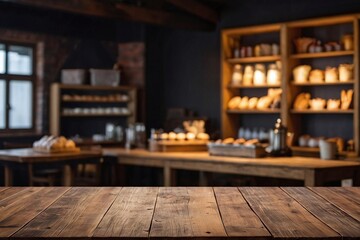 Wooden top with blurred empty bakery shop background can be used for mocking up or display product to make advertising	