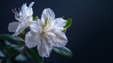A delicate white azalea flower isolated on a navy blue background.