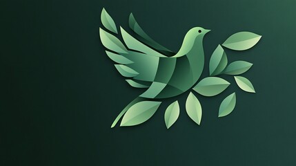 Fototapeta premium 2410_082.stylized dove made from organic leaf shapes, two-tone green color scheme, smooth curves, simple geometric forms, peaceful nature emblem, negative space design, sleek minimal illustration