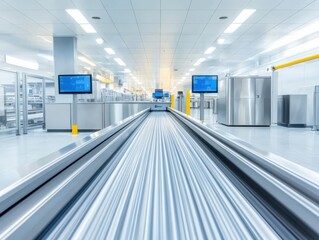 Obraz premium Modern industrial space featuring clean lines, bright lighting, and advanced equipment ready for efficient operations.