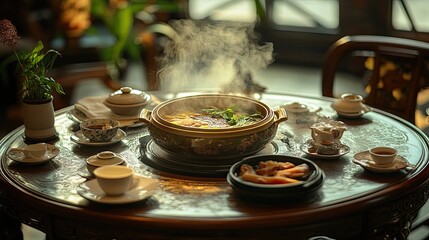 Steaming Hot Pot on a Round Table with Teacups and Plates