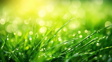 Obraz premium 2410_096.close-up of lush green grass blades, glistening water droplets, bokeh effect, soft morning light, macro photography, vibrant spring colors, shallow depth of field, environmental awareness