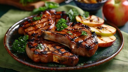 A plate of juicy grilled pork chops with apples on green background