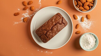Chocolate loaf cake bread gluten free from almond flour homemade on white plate