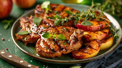 A plate of juicy grilled pork chops with apples on green background