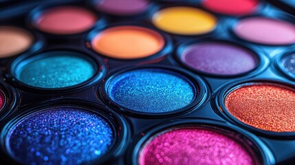 Naklejka premium A vibrant palette of shimmering eyeshadow colors for makeup application.