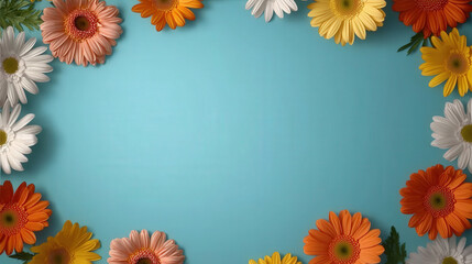 Obraz premium Bright and colorful flowers frame serene blue background, creating cheerful and inviting atmosphere perfect for spring or summer themes