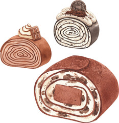 Chocolate crepe cake rolls with Oreo and chocolate chip cream, hand-drawn watercolor illustration