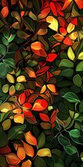 Abstract artwork featuring vibrant foliage with colorful leaves in shades of red, yellow, and green.