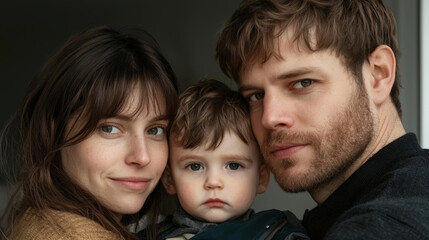 close knit family portrait featuring woman, man, and young child. family exudes warmth and connection, showcasing their bond in cozy setting