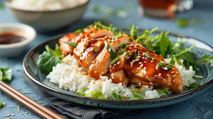 A plate of teriyaki chicken with steamed rice on blue background