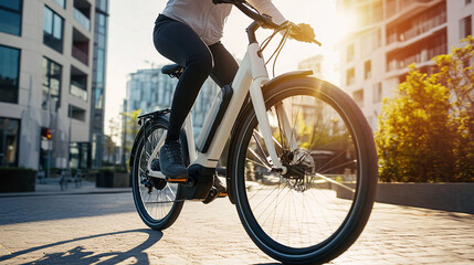 young woman riding white electric bicycle in city with sunlight  and trees