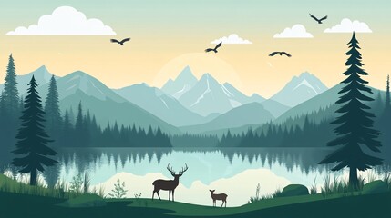 vibrant vector landscape, rolling hills, serene lake, grazing deer, pine forest, fluffy clouds, flying birds, flat design style, peaceful nature scene