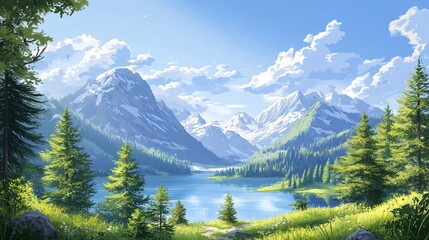 cartoon wilderness illustration, lush meadows, evergreen trees, calm water body, wildlife silhouettes, layered mountains, clear blue sky, minimalist natural beauty