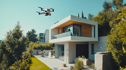 modern white house with drone delivery in the suburbs on a sunny day