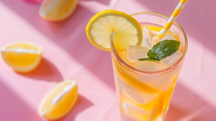 A refreshing glass of iced lemonade on pink background