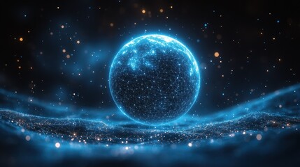 Obraz premium A glowing blue sphere surrounded by sparkling particles in a cosmic environment.