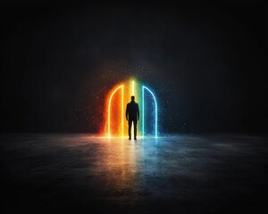 A person surrounded by a glowing rainbow, symbolizing the spectrum of positive emotions.