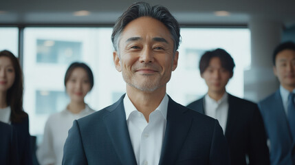 confident businessman stands in front of group of colleagues, showcasing leadership and teamwork in modern office environment. atmosphere is professional and collaborative