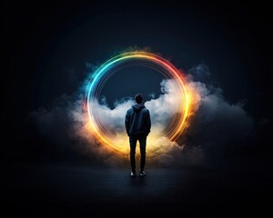 Fototapeta premium A person surrounded by a glowing rainbow, symbolizing the spectrum of positive emotions.